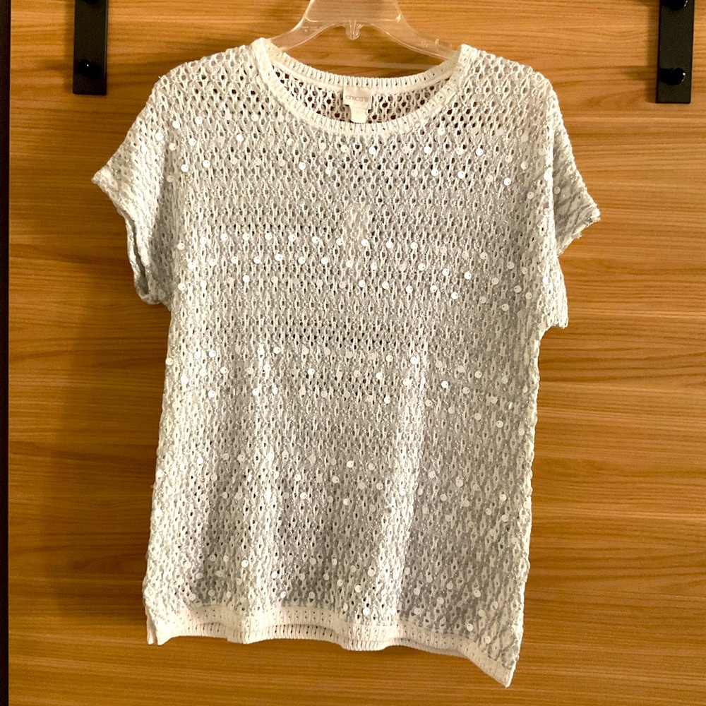 Chico’s shimmer optic white pullover short sleeve sweater. NWT size 2 or Medium